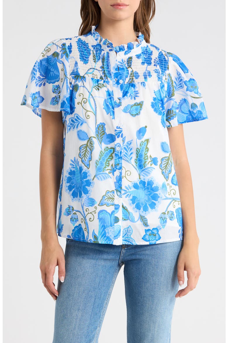 Aamian Floral Romy Mock Neck Cotton Top, Main, color, WHITE-BLUE-GREEN