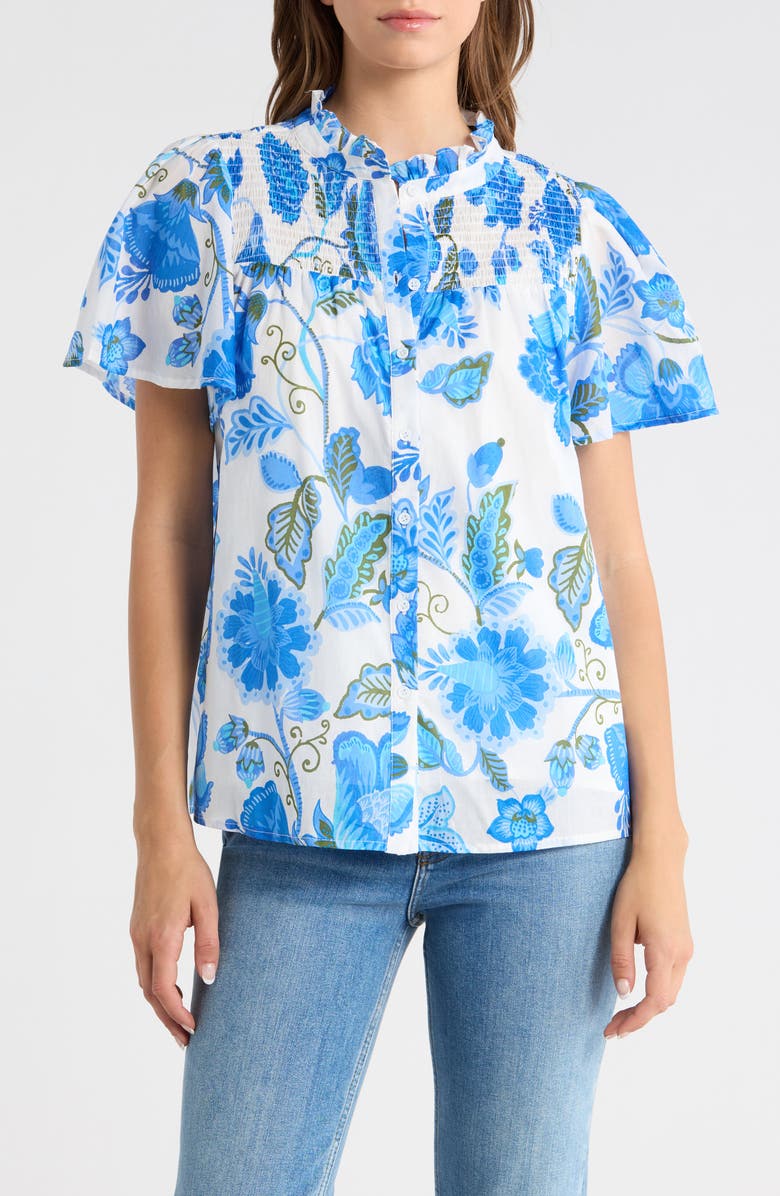 SUGARLIPS Aamian Floral Romy Mock Neck Cotton Top, Main, color, White-Blue-Green