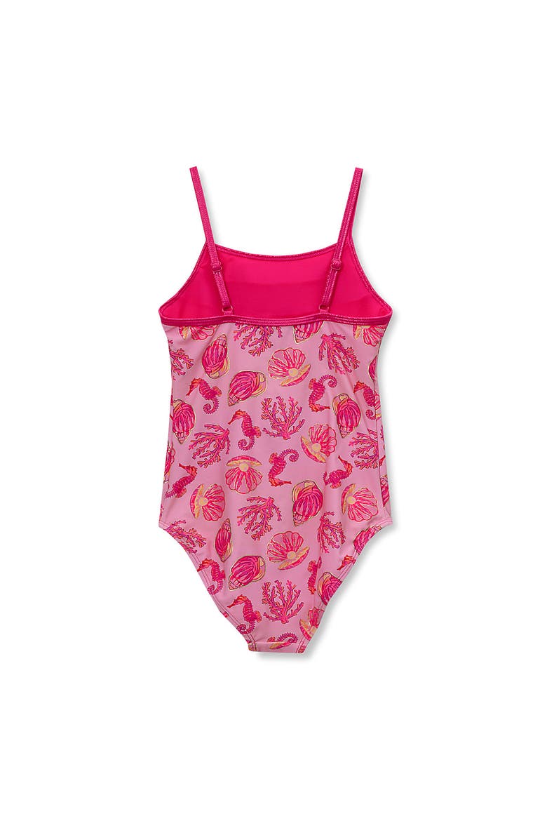 Girls Chlorine Resistant X-Back Ruffle One Piece Swimsuit, Alternate, color, Seashell Foil/Prism Pink