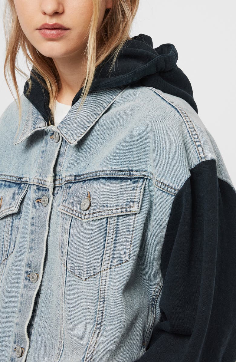 AllSaints Milena Mixed Media Hooded Denim Jacket, Alternate, color, Indigo Blue