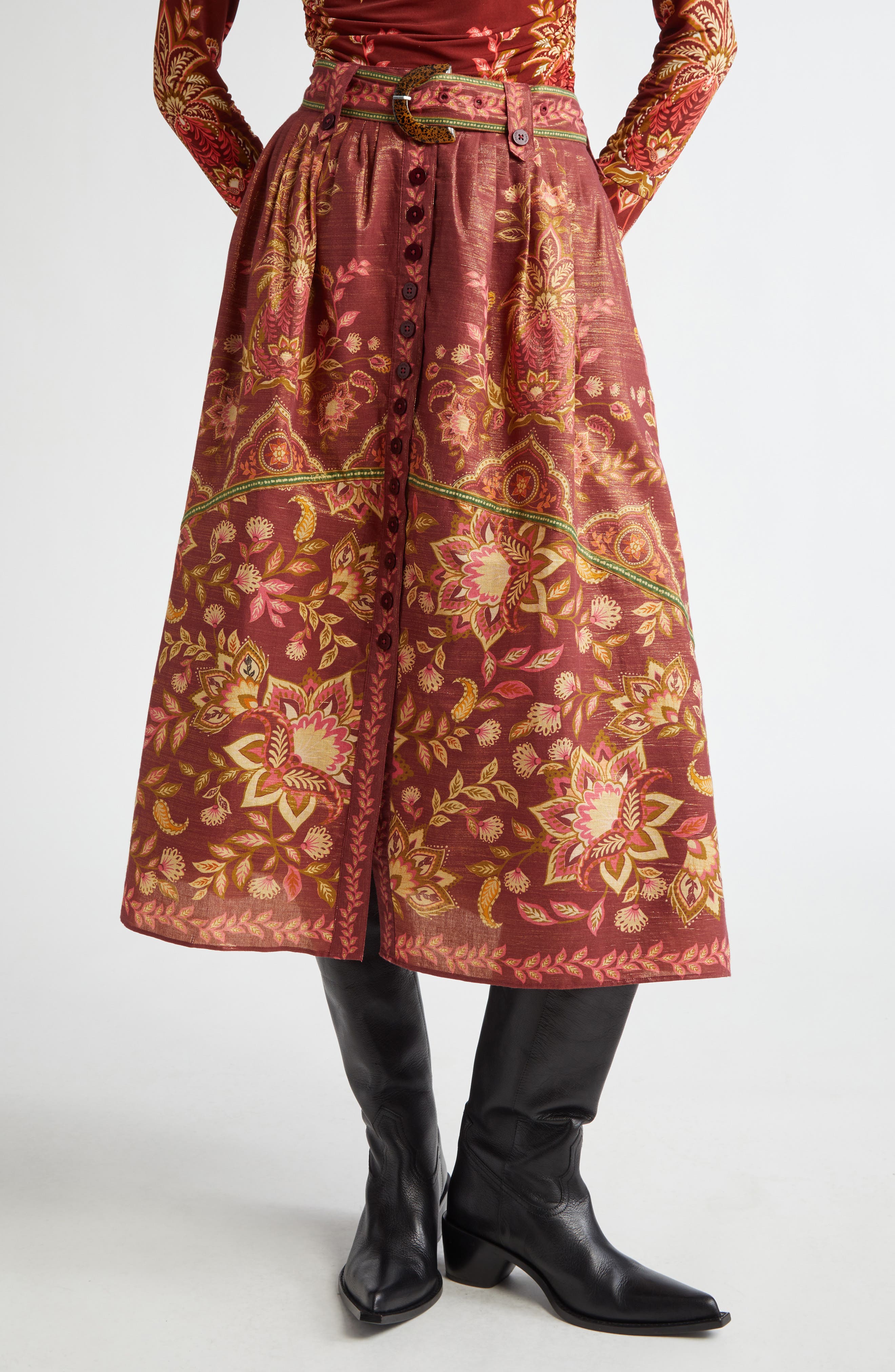 FARM Rio Pineapple Dream Metallic A-Line Skirt