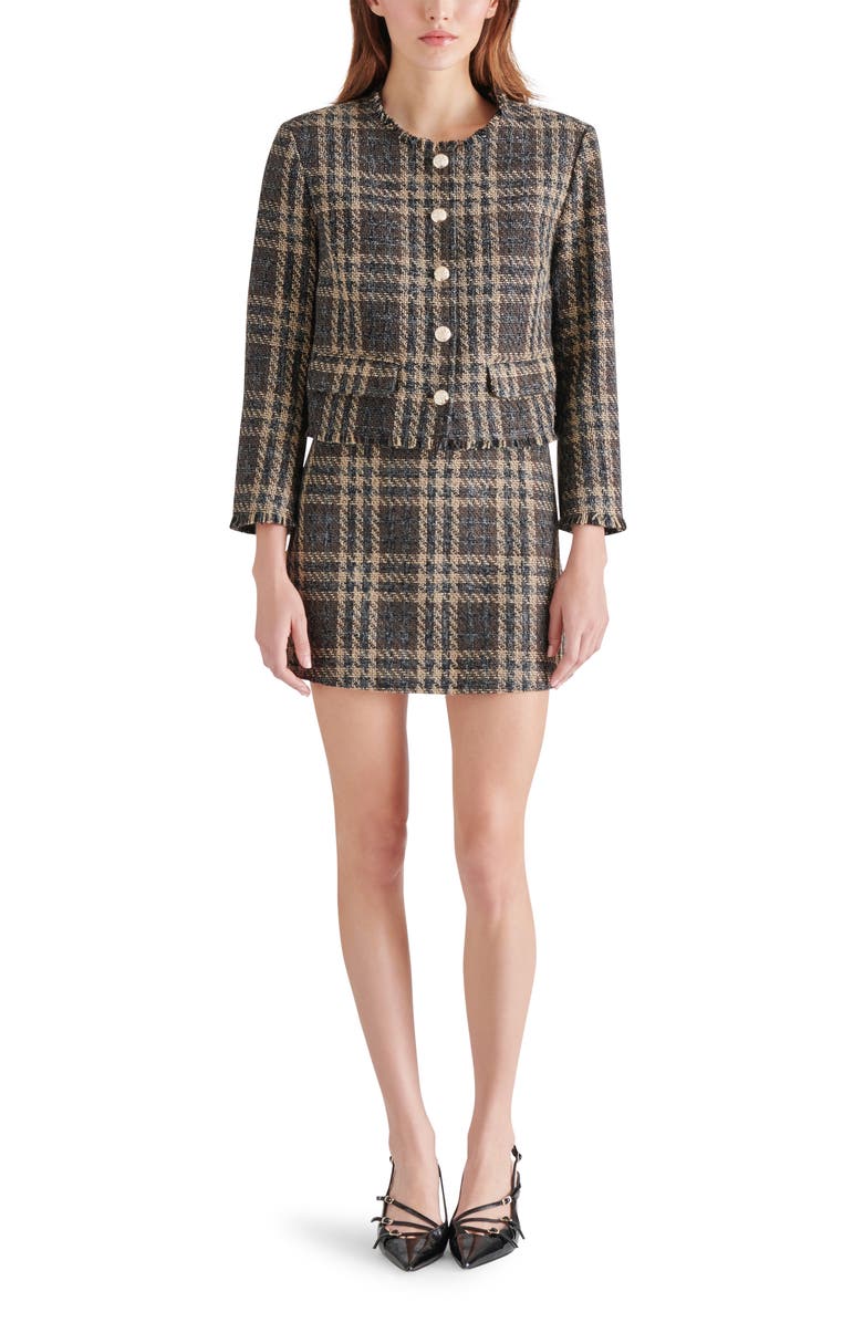 Steve Madden Tweed Three-Quarter Sleeve Jacket, Alternate, color, Brown