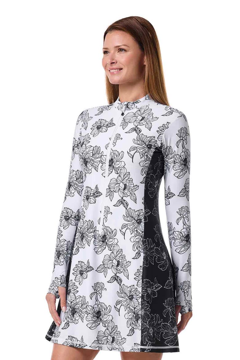 Aspen Sunrise Swim Dress with Long Sleeves, UPF 50+ Sun Protection, Alternate, color, White/Black
