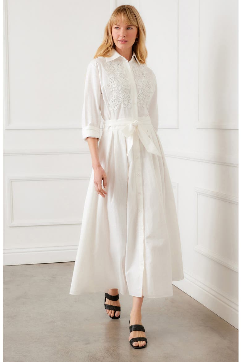 Floral Appliqué Long Sleeve Cotton & Linen Shirtdress, Alternate, color, OFF WHITE