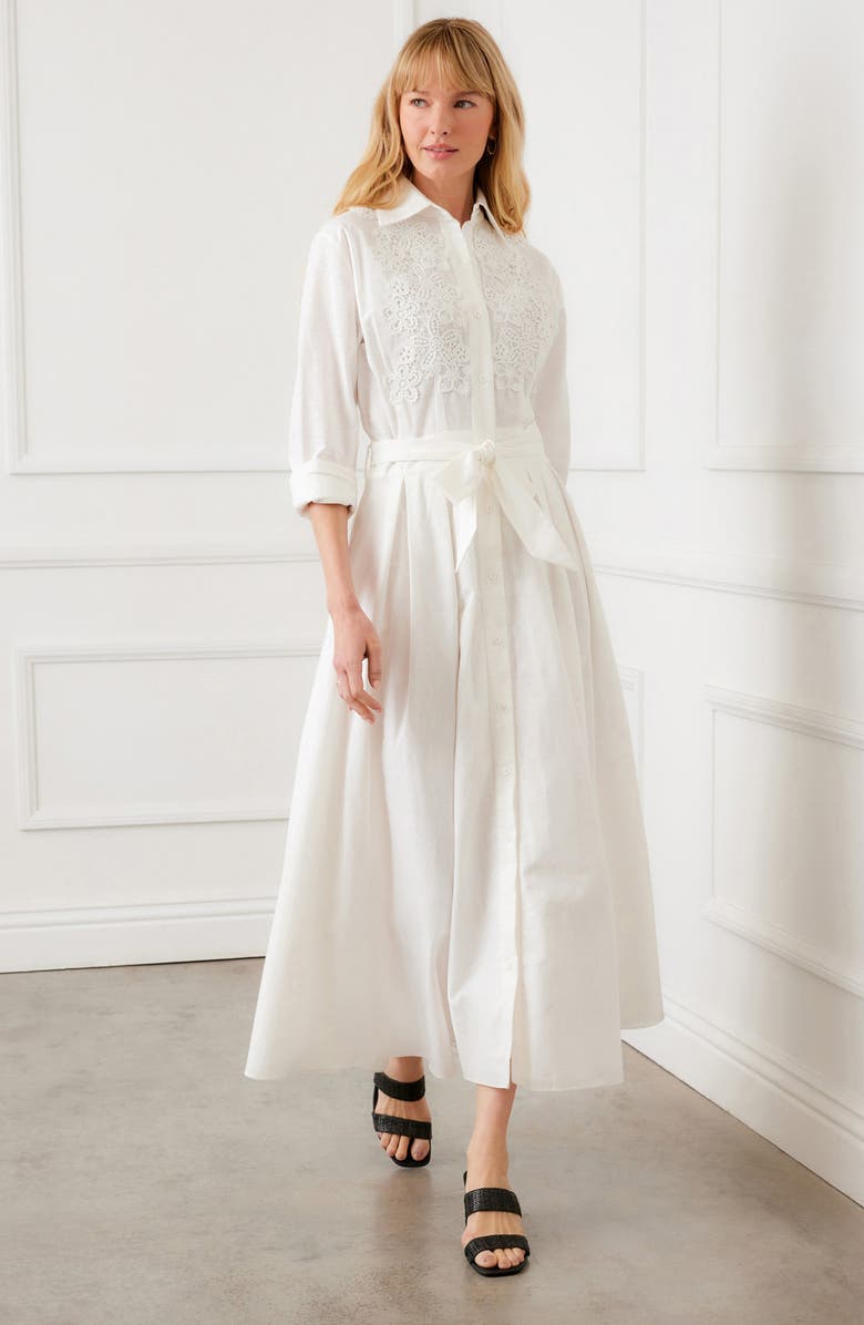 Karen Kane Floral Appliqué Long Sleeve Cotton & Linen Shirtdress, Alternate, color, Off White