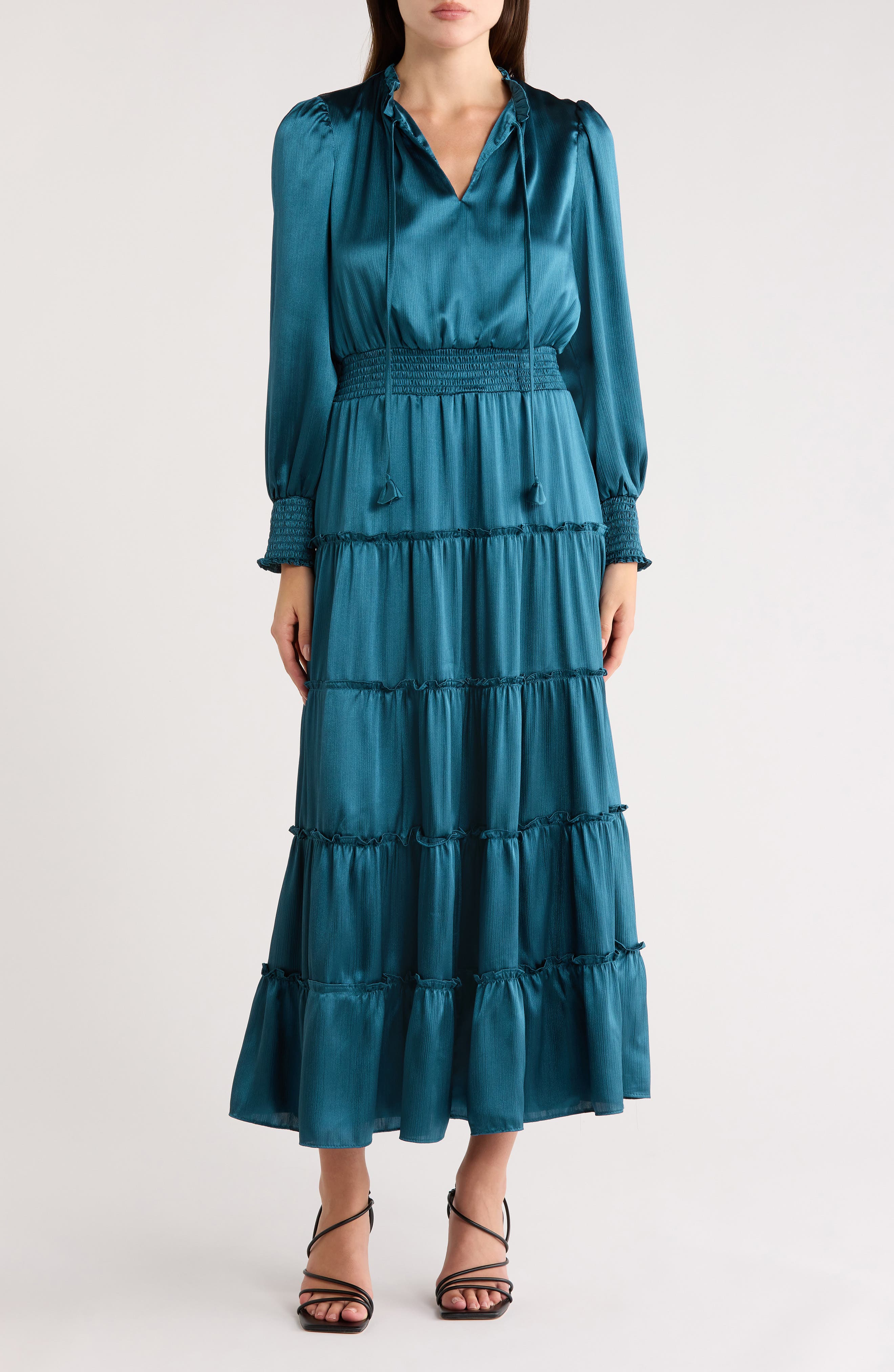 Halogen® Satin Long Sleeve Tiered Maxi Dress