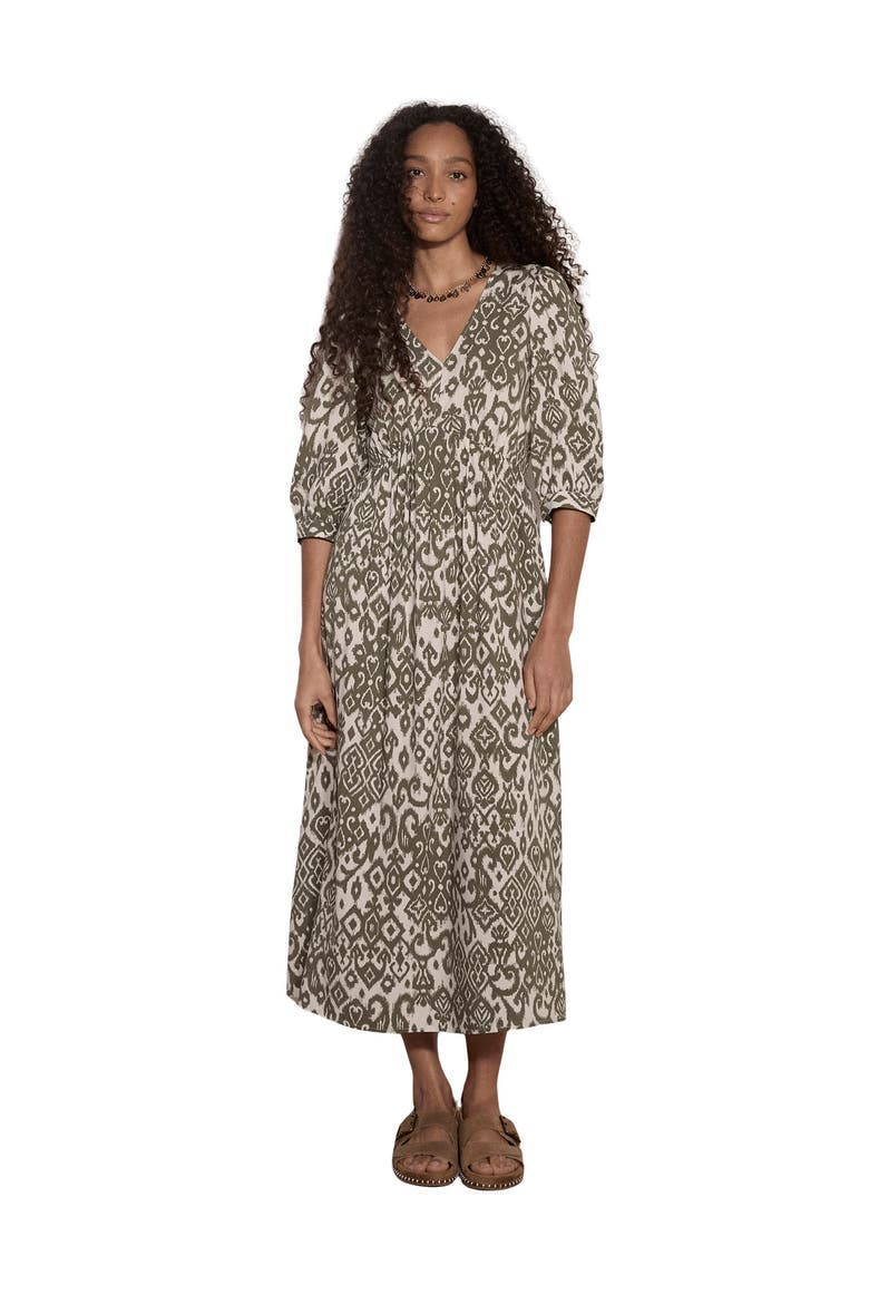 Ikat V-Neck 3/4 Sleeve Midi Dress, Main, color, Khaki