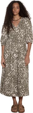 Apricot Ikat V-Neck 3/4 Sleeve Midi Dress