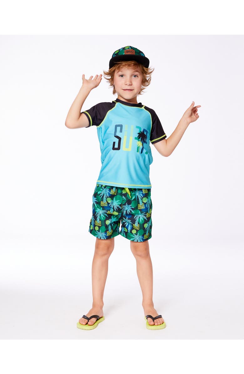 Deux par Deux Little Boy's Printed Swim Trunks Green Jungle On Black, Alternate, color, Green Jungle On Black