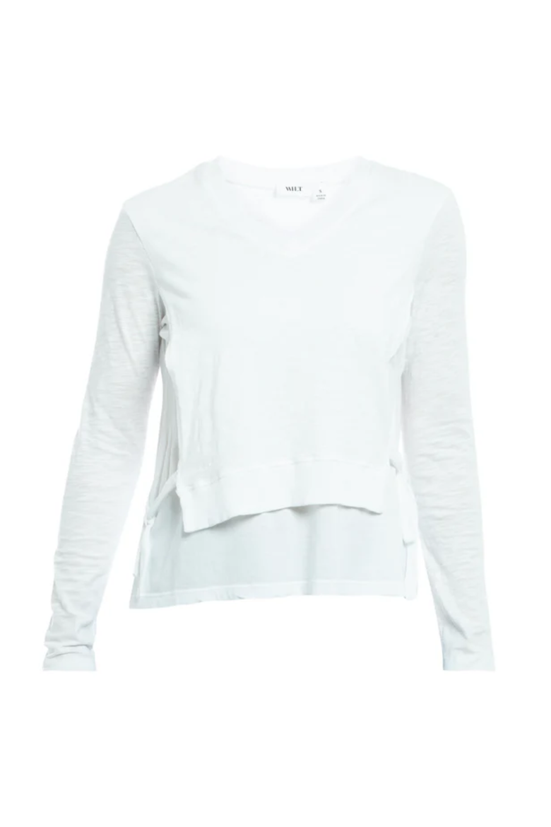 Mixed Media Double Layer Effect V-Neck Tee, Alternate, color, White