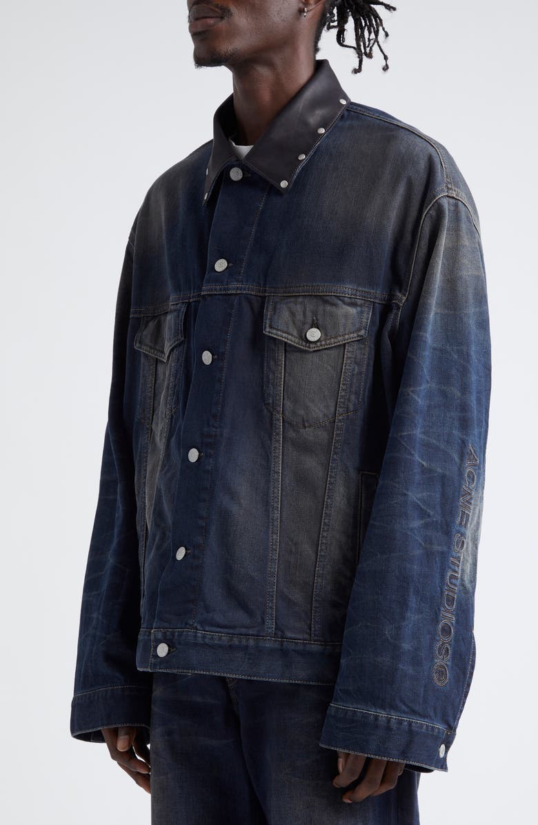 Acne Studios Leather Collar Oversize Denim Jacket, Alternate, color, Dark Blue