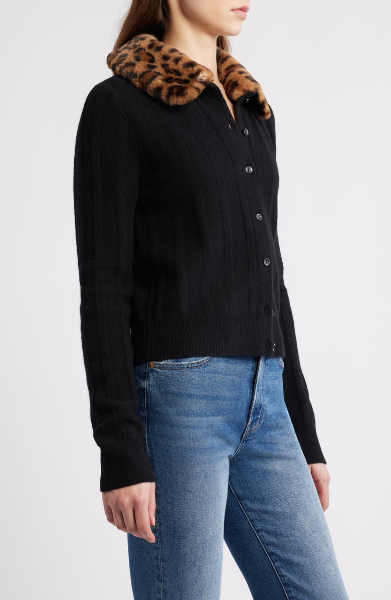 Reformation Hannah Wool Cardigan with Faux Fur Collar, Alternate, color, Black Leopard