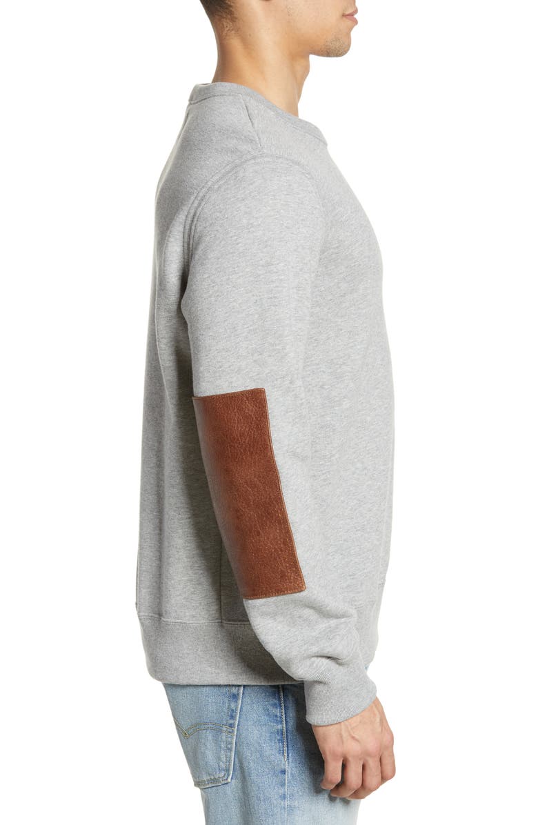 Billy Reid Dover Crewneck Sweatshirt with Leather Elbow Patches, Alternate, color, Grey