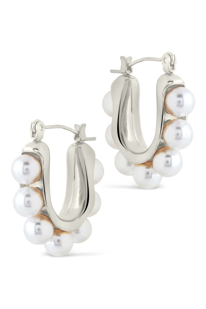 Faux Pearl Hoop Earrings, Alternate, color, SILVER