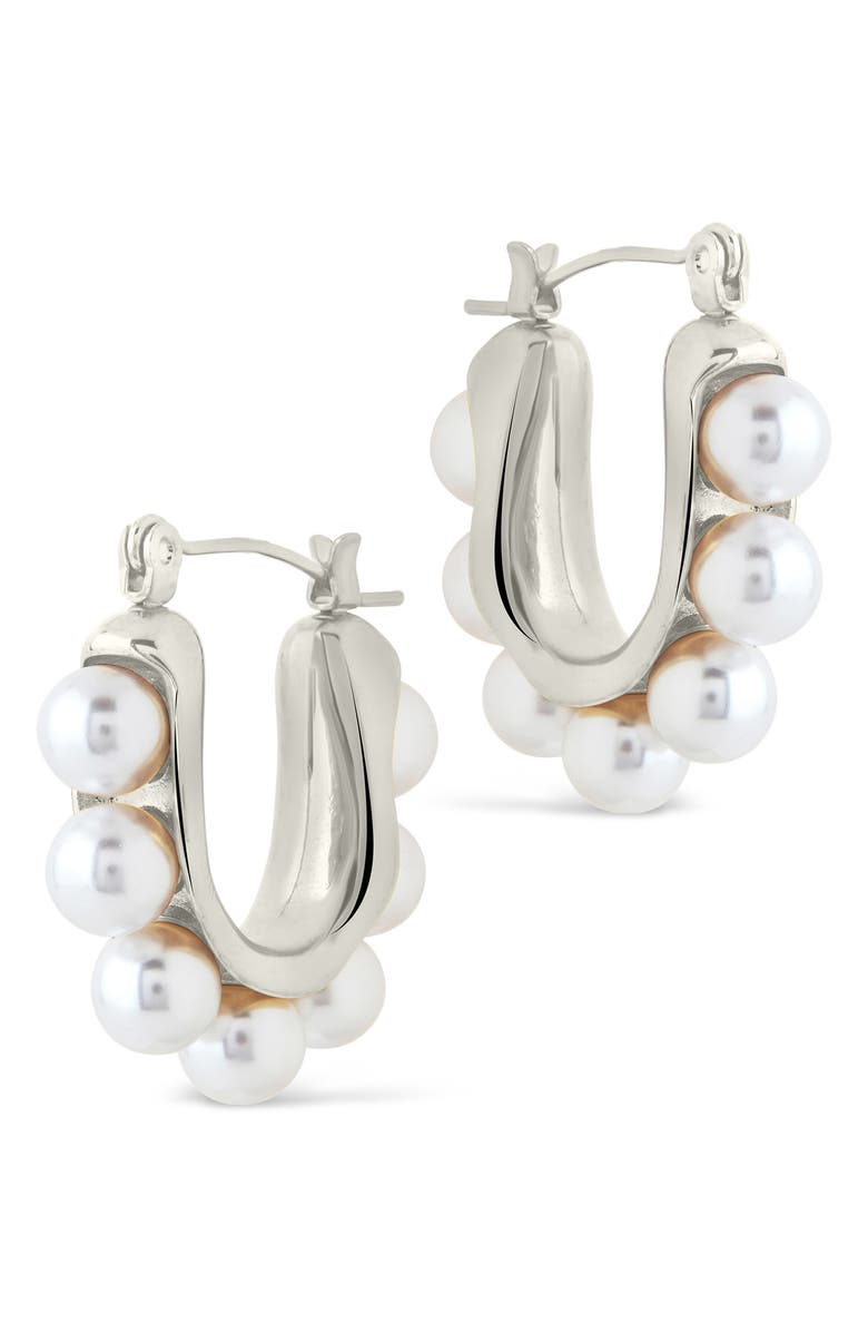 Sterling Forever Faux Pearl Hoop Earrings, Alternate, color, Silver
