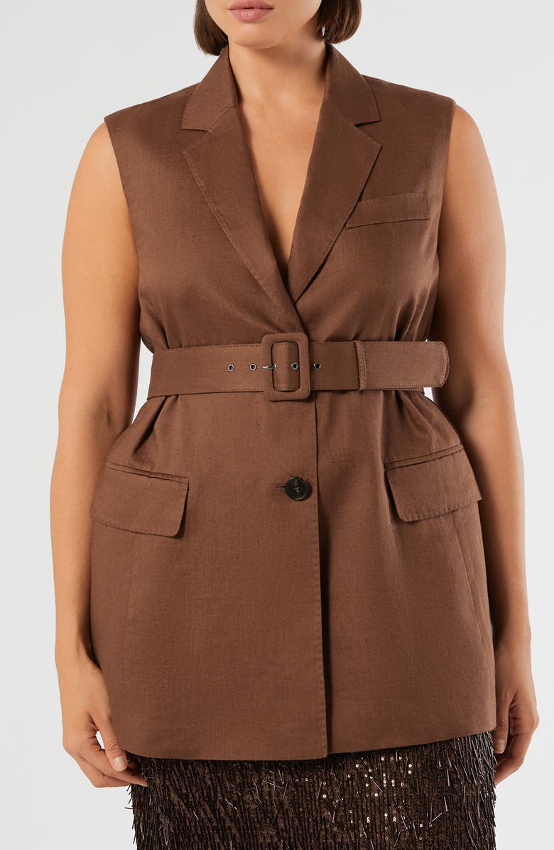 Marina Rinaldi Orli Belted Linen Vest, Main, color, Cocoa