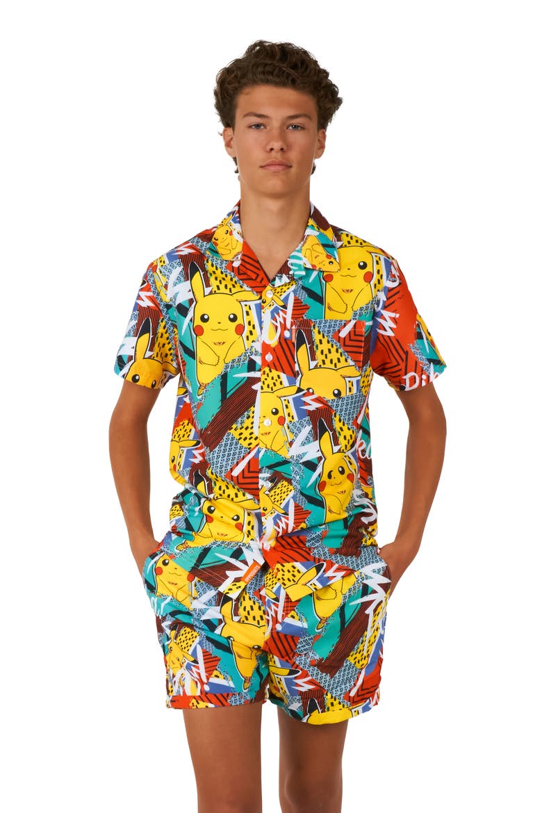 x Pokémon Kids' Pika Pikachu Camp Shirt & Shorts Set, Alternate, color, MISCELLANEOUS