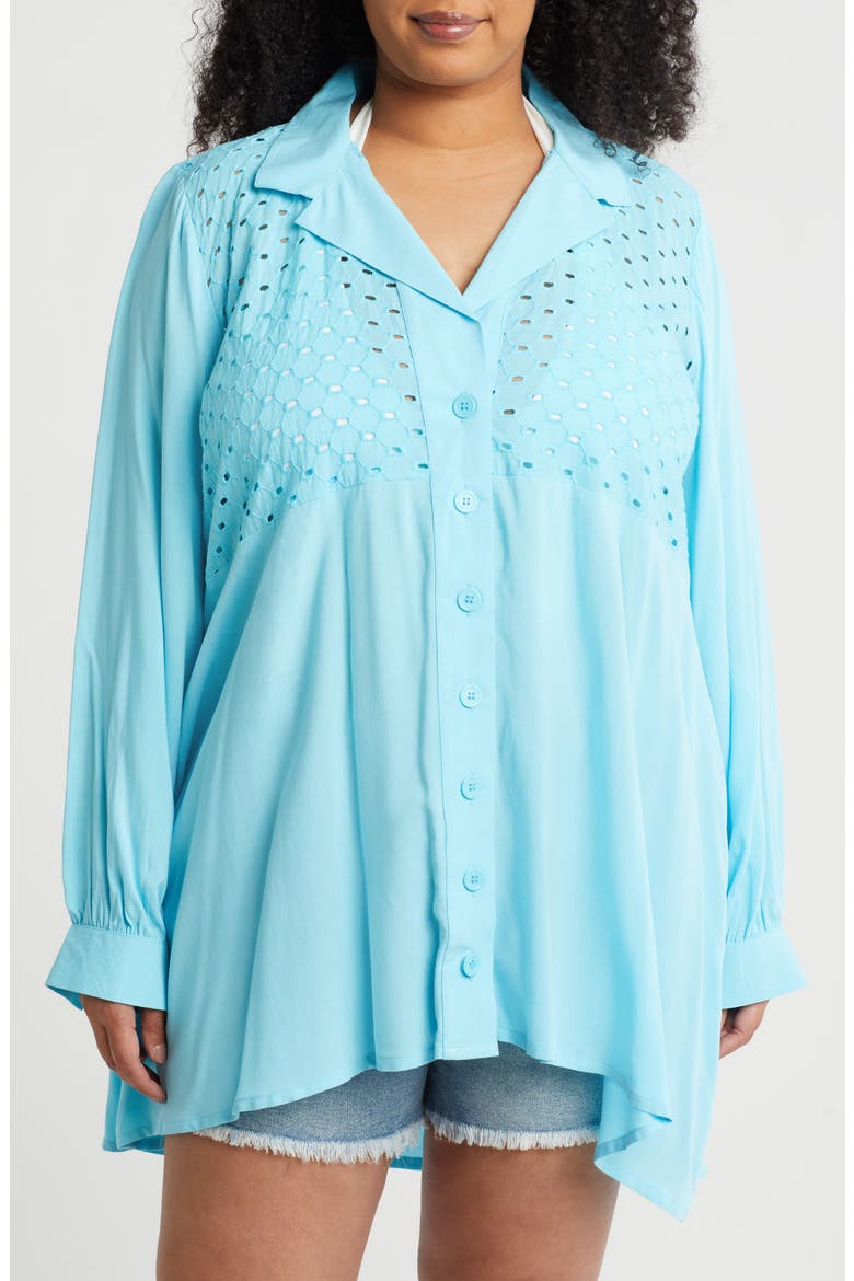 Eyelet Button-Up Shirt, Main, color, AQUA