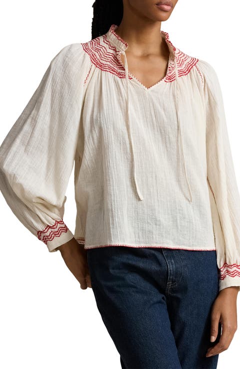 Keyhole Long Sleeve Cotton Gauze Top
