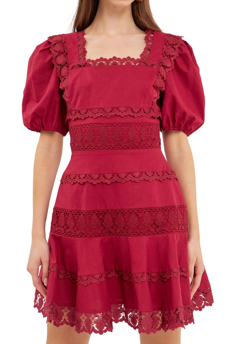 Lace Puff Sleeve Cotton & Linen Minidress, Alternate, color, BERRY