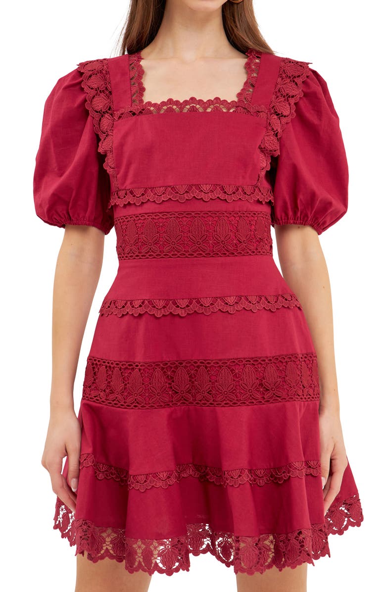 Endless Rose Lace Puff Sleeve Cotton & Linen Minidress, Alternate, color, Berry
