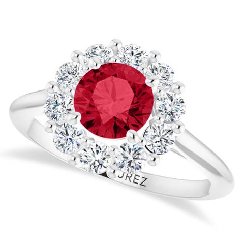 Round Lab Ruby & Diamond Halo Ring 14K