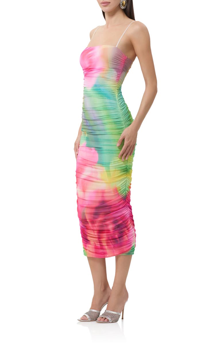 AFRM Hazel Ruched Mesh Midi Dress, Alternate, color, Green Rose