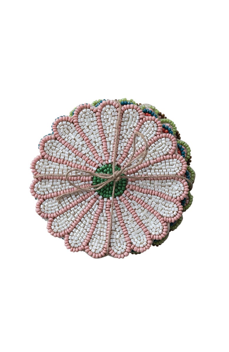 Storied Home 4-Piece Beaded Glass Flower Shaped Coasters with Jute Tie, 4 Colors, Alternate, color, Pink