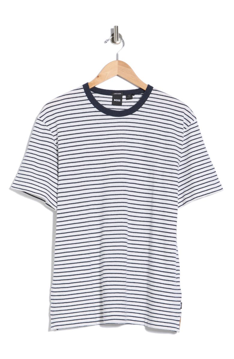 BOSS Taut Stripe Cotton & Linen T-Shirt, Main, color, Dark Blue
