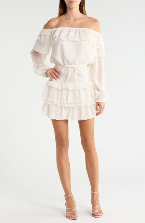 Ruffle Off the Shoulder Long Sleeve Smocked Waist Minidress
