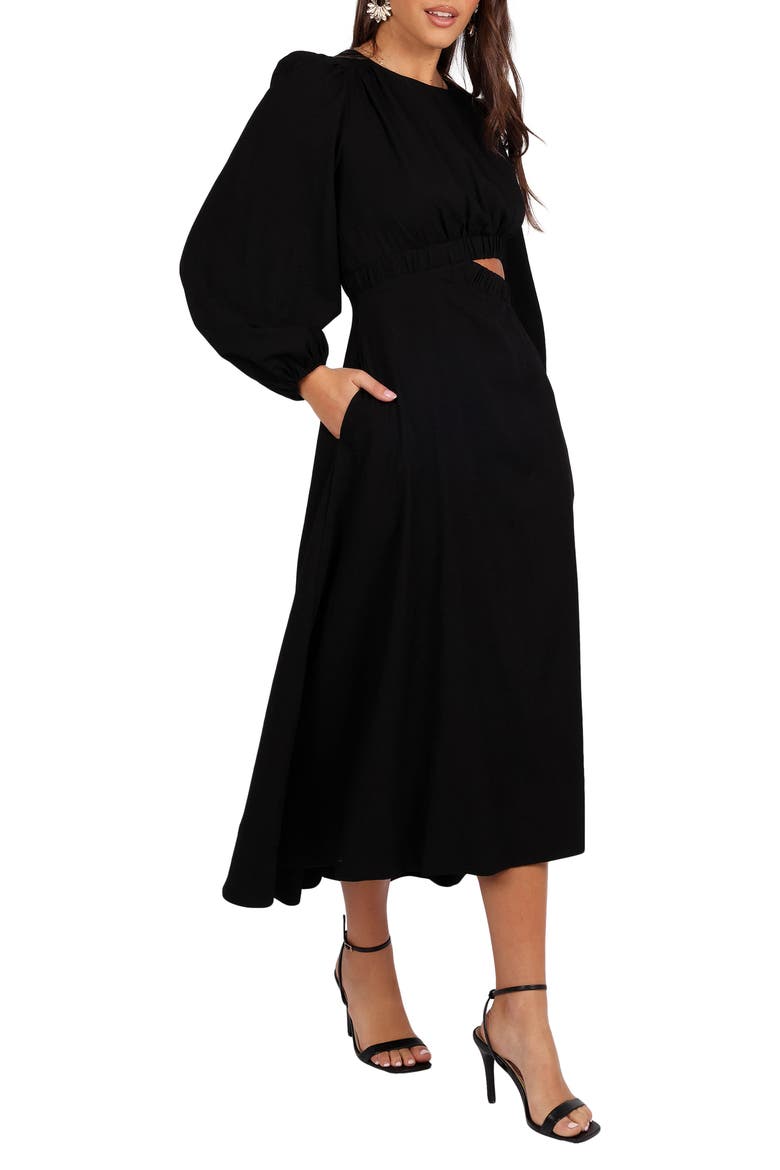 Ginnee Long Sleeve Cutout Midi Dress, Main, color, BLACK