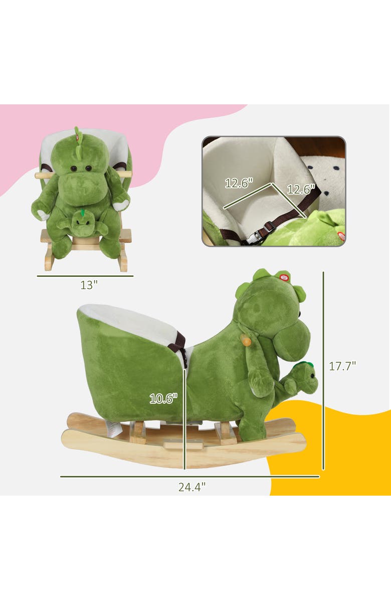 Qaba Toddler Plush Rocking Dinosaur, Seat Belt, 32 Songs, Hand Puppet, Alternate, color, Green