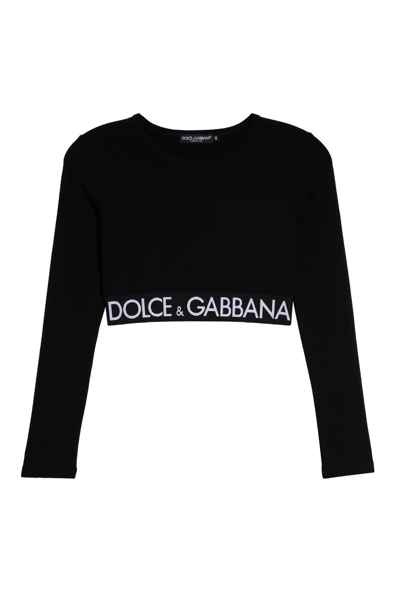 Logo Waistband Long Sleeve Stretch Cotton Crop Top, Main, color, N0000 NERO
