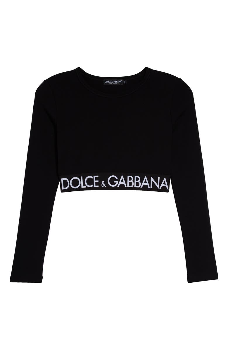 Dolce&Gabbana Logo Waistband Long Sleeve Stretch Cotton Crop Top, Main, color,