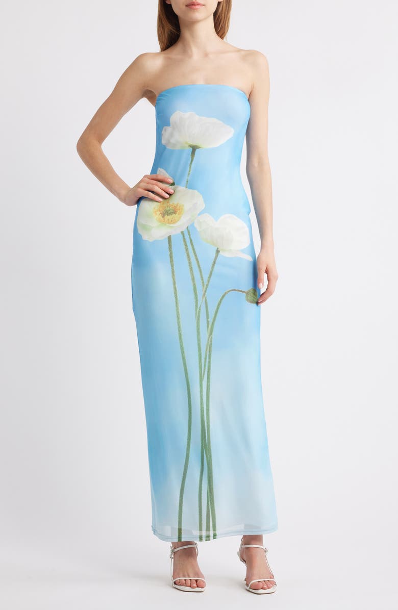 Rare London Spring Sky Strapless Satin Maxi Dress, Main, color, Blue