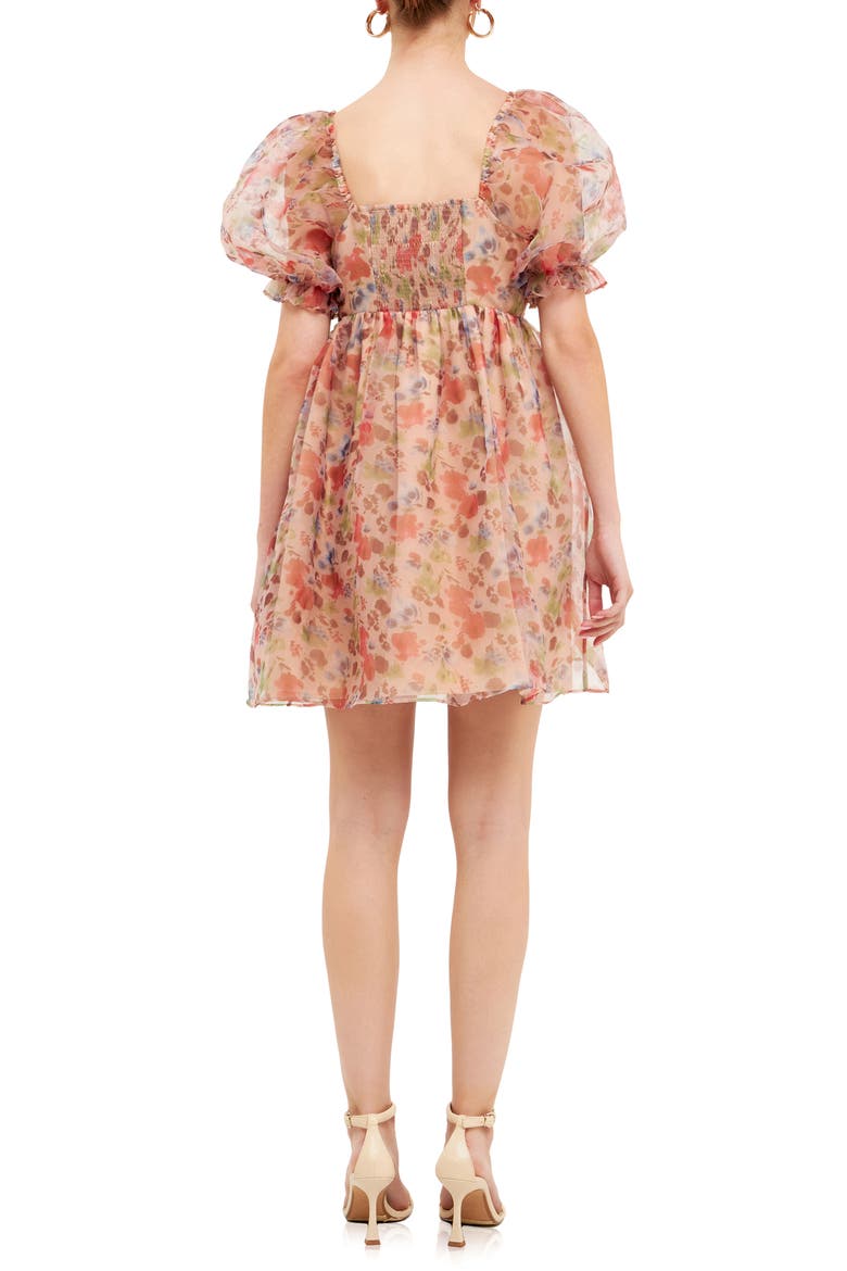 Floral Puff Sleeve Babydoll Minidress, Alternate, color, BROWN MULTI