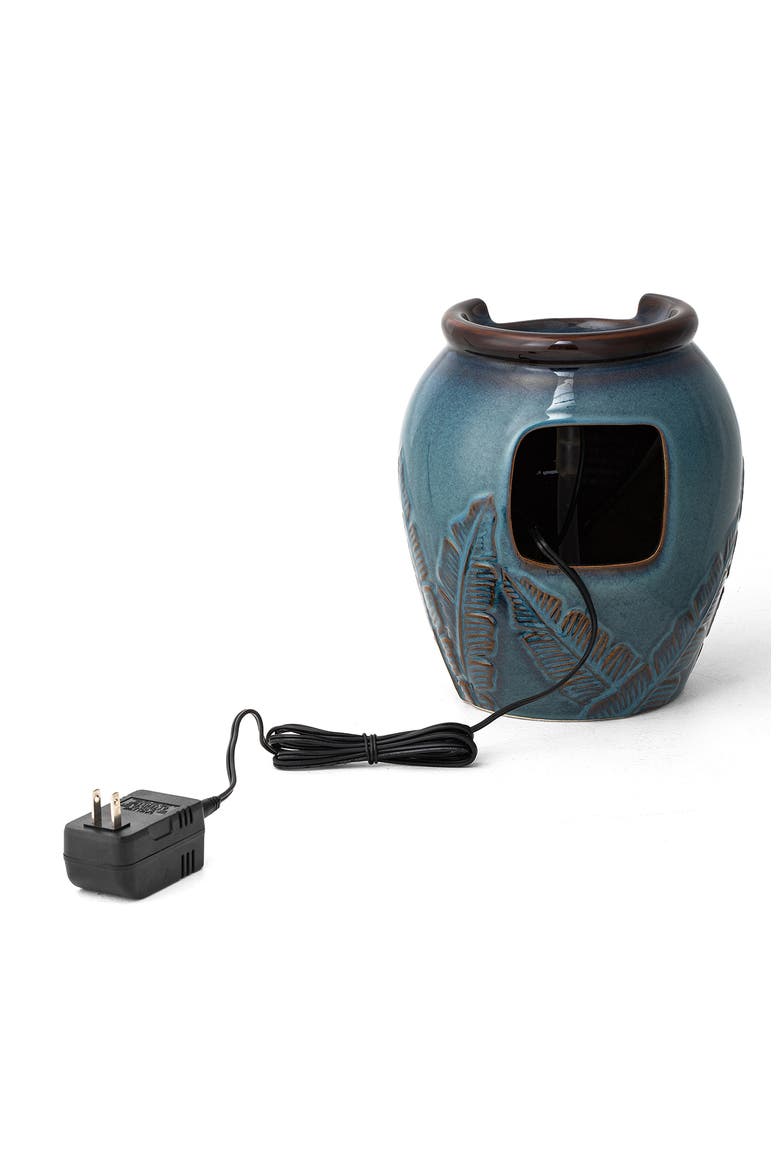 Turquoise Leaf Textured Ceramic Jar Tabletop Fountain with Pump and LED light, Alternate, color, Blue