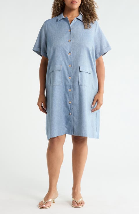 Button-Up Pocket Shirtdress (Plus)