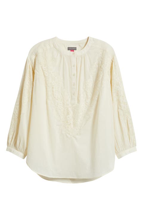 Lace Trim Half Placket Blouse