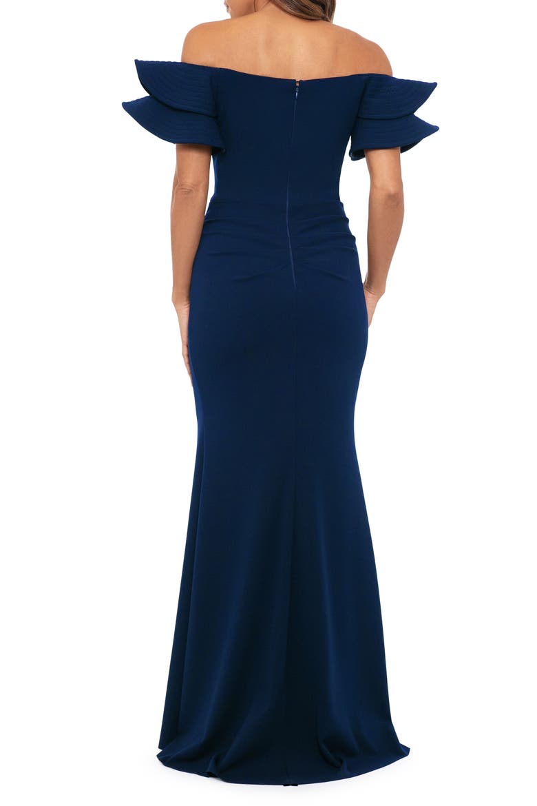 Ruffle Sleeve Off the Shoulder Scuba Crepe Sheath Gown, Alternate, color, NAVY