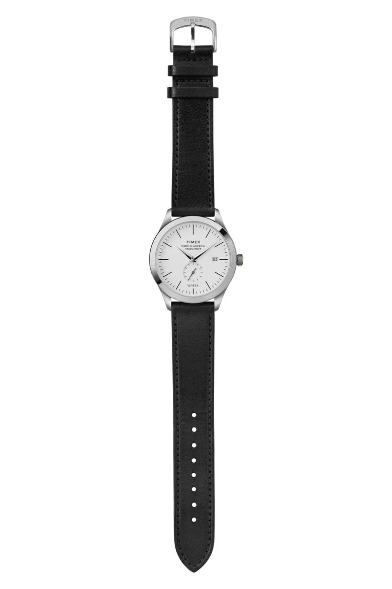 American Documentation Leather Strap Watch, 41mm, Alternate, color, BLACK/ WHITE/ SILVER