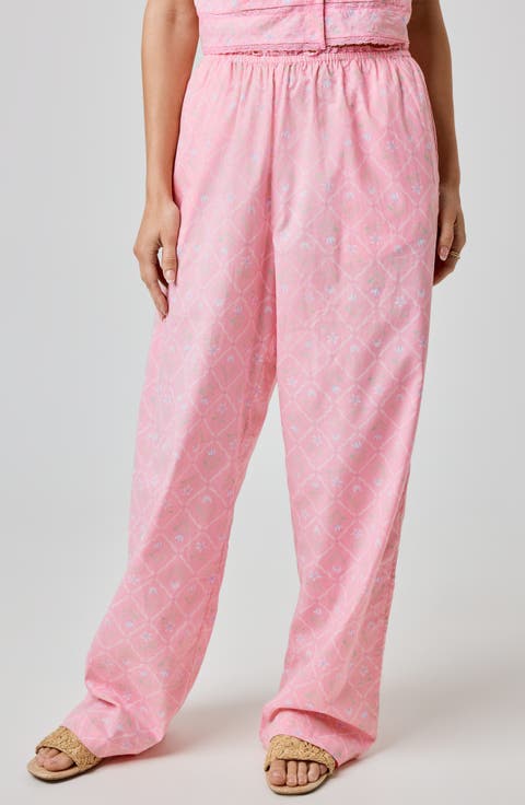 Lace Trim Wide Leg Cotton Pants