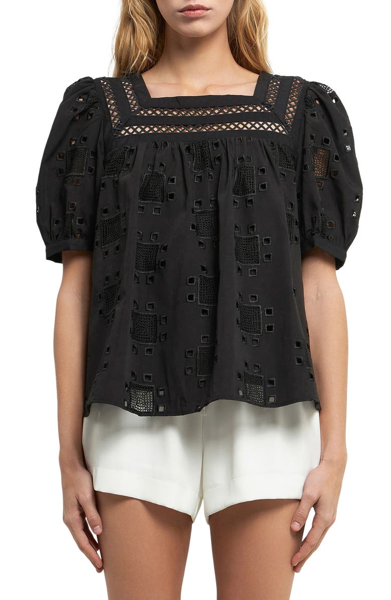 English Factory Eyelet Puff Sleeve Top, Main, color, 