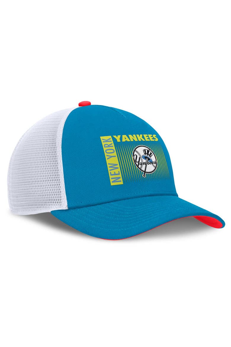 Men's Nike Blue New York Yankees Neon 90s Rise Structured Performance Adjustable Trucker Hat, Alternate, color, Teal
