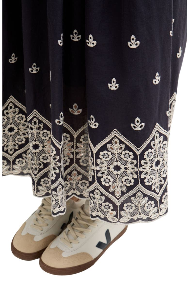 Cora Sleeveless Jersey Bodice Embroidered Midi Dress, Alternate, color, Navy