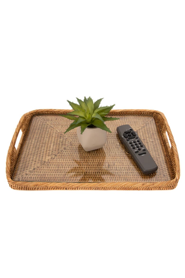 Artifacts Rattan Rectangular Tray with Glass Insert, Alternate, color, Honey Brown