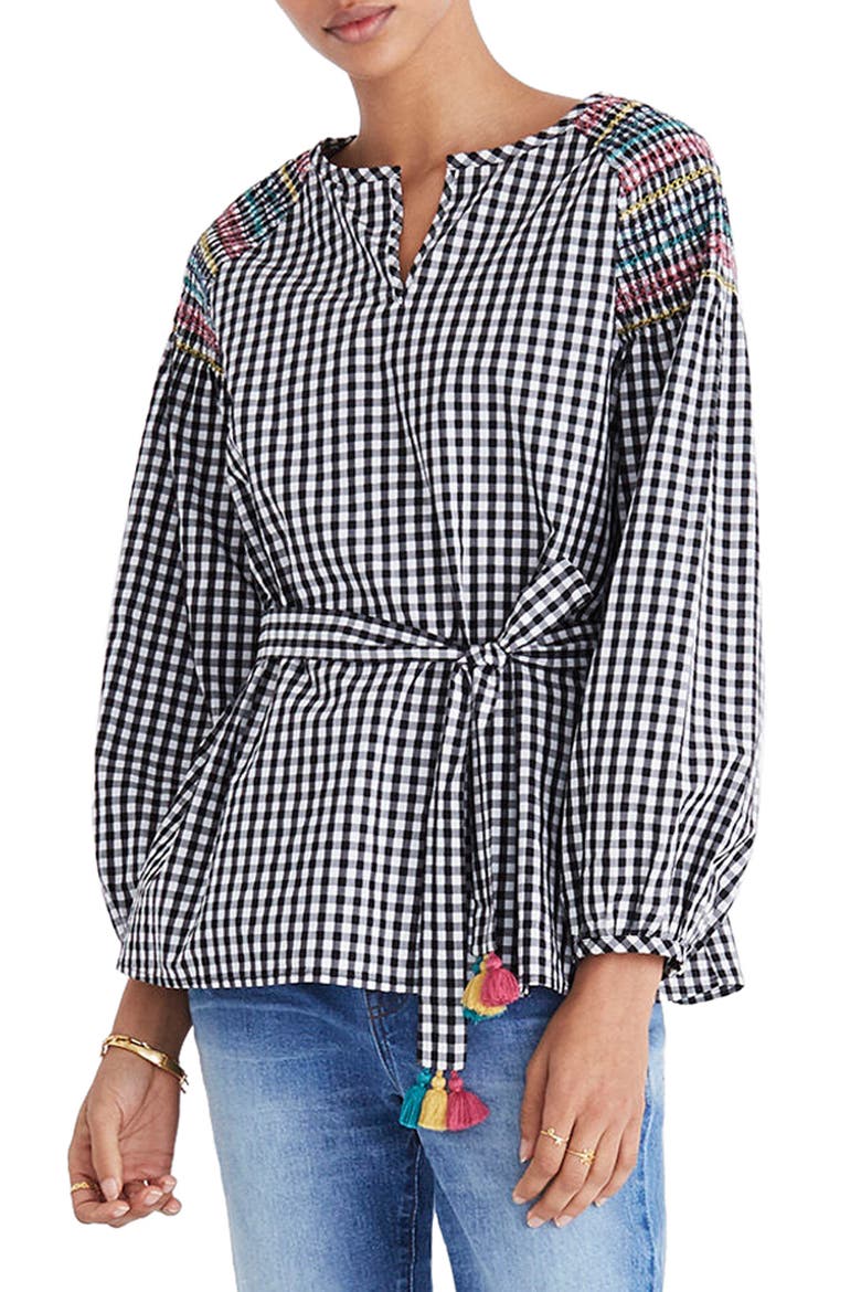 Smocked Gingham Top, Main, color, TRUE BLACK