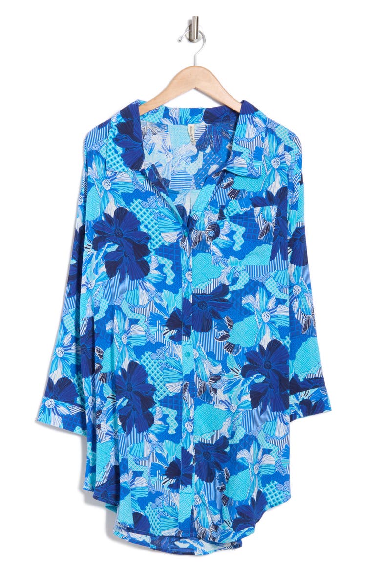 Floral Button-Up Tunic, Alternate, color, BLUE PATCH PRINT
