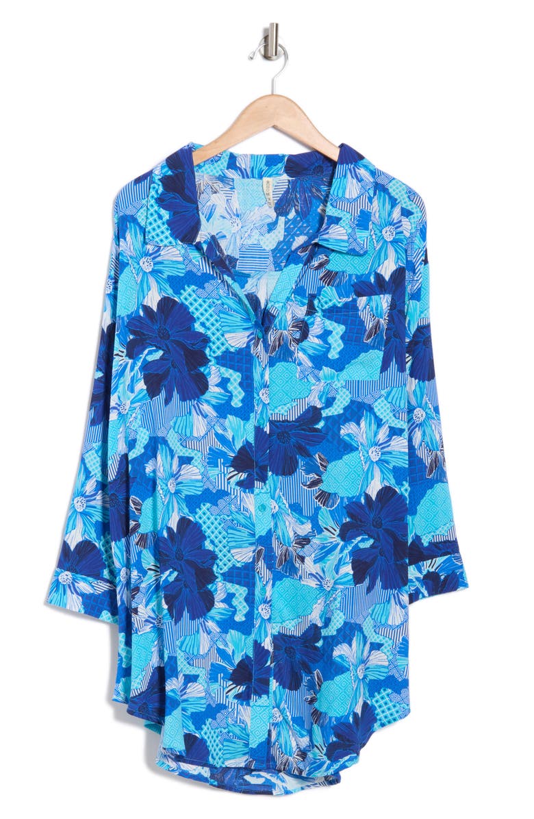 BOHO ME Floral Button-Up Tunic, Alternate, color, Blue Patch Print