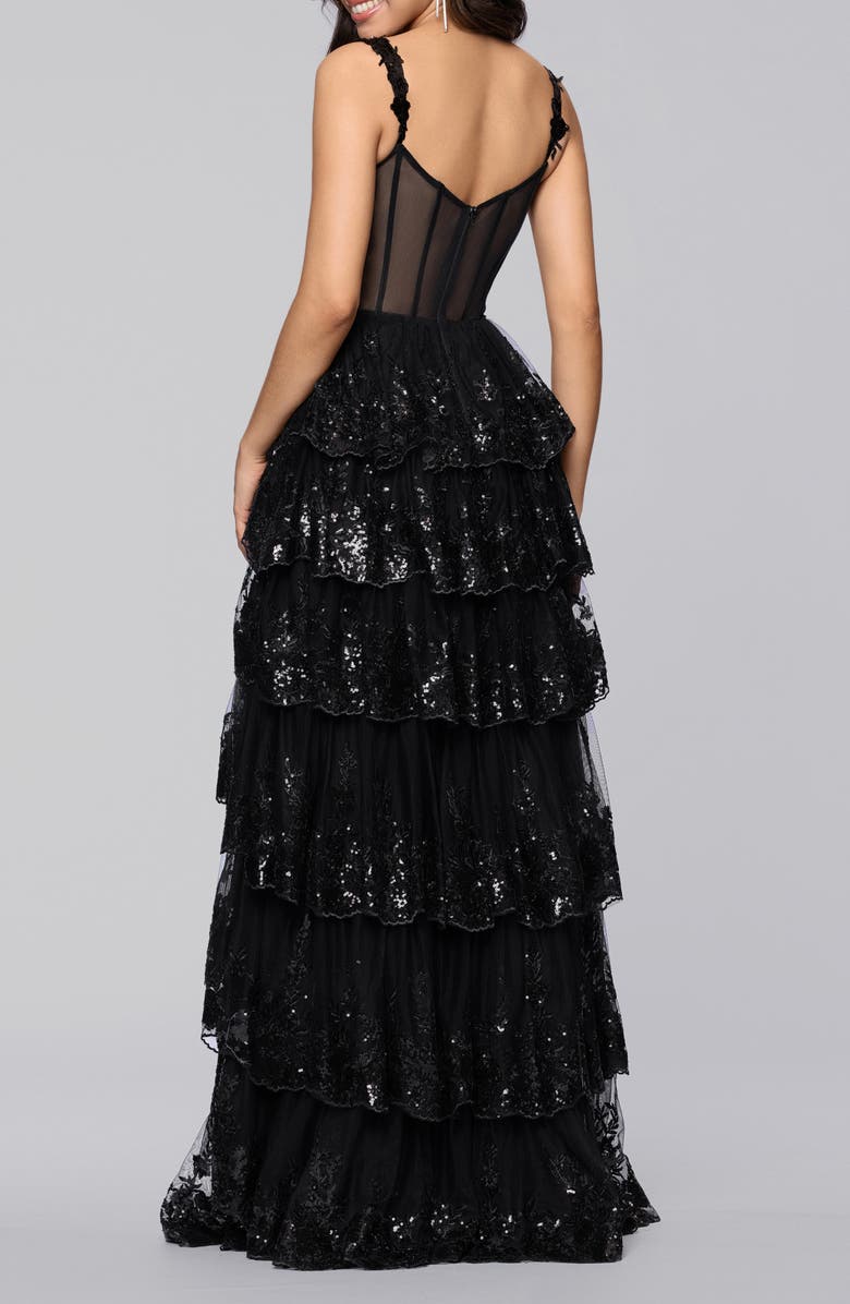 Blondie Nites Sequin Layered Ruffle Ballgown, Alternate, color, Black